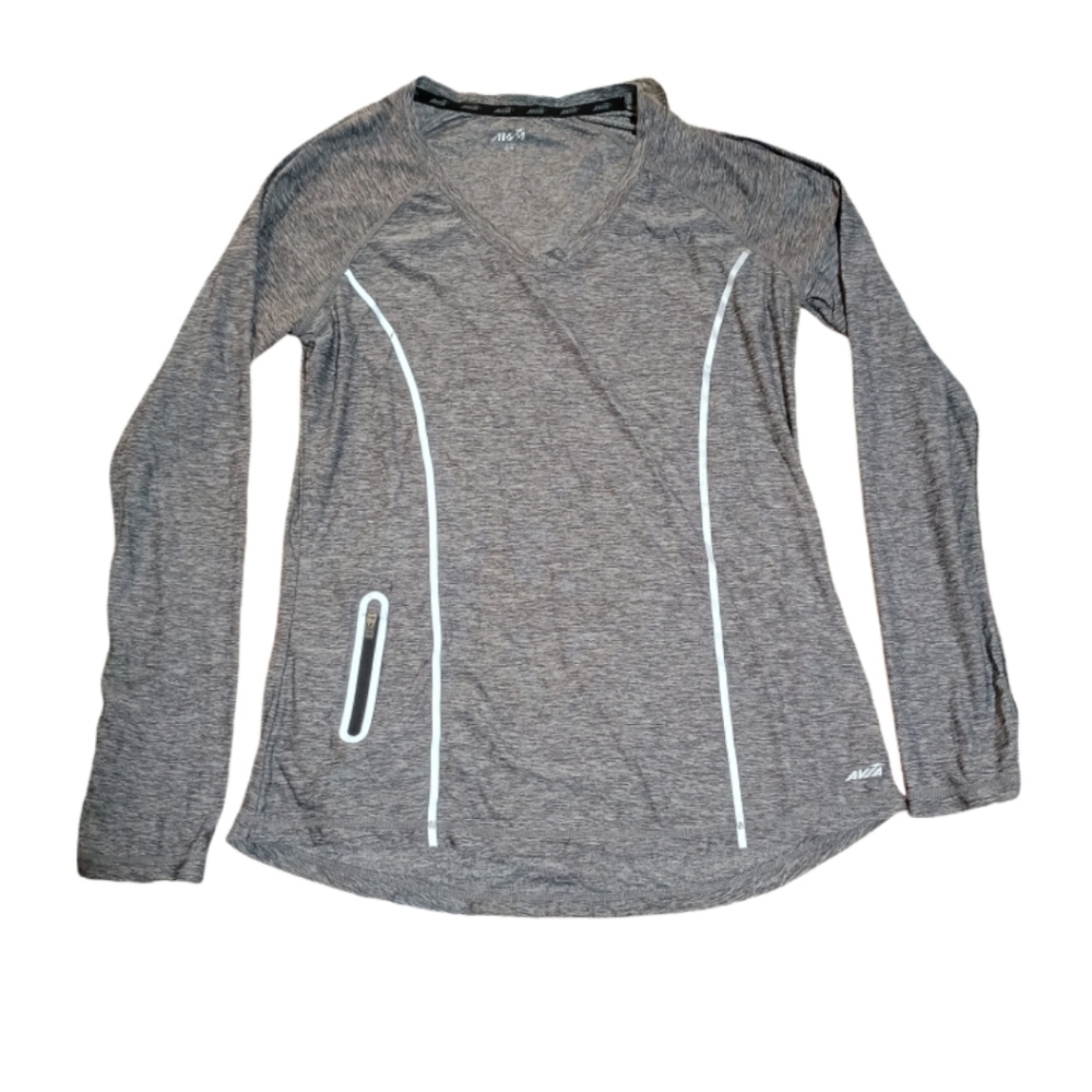 Avia Gray Long Sleeve V-Neck Performance Top with Reflective Accents